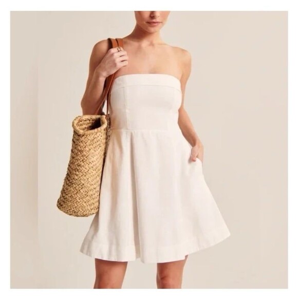 Abercrombie & fitch strapless linen minidress lined fit & flare white bride grad - Picture 1 of 9